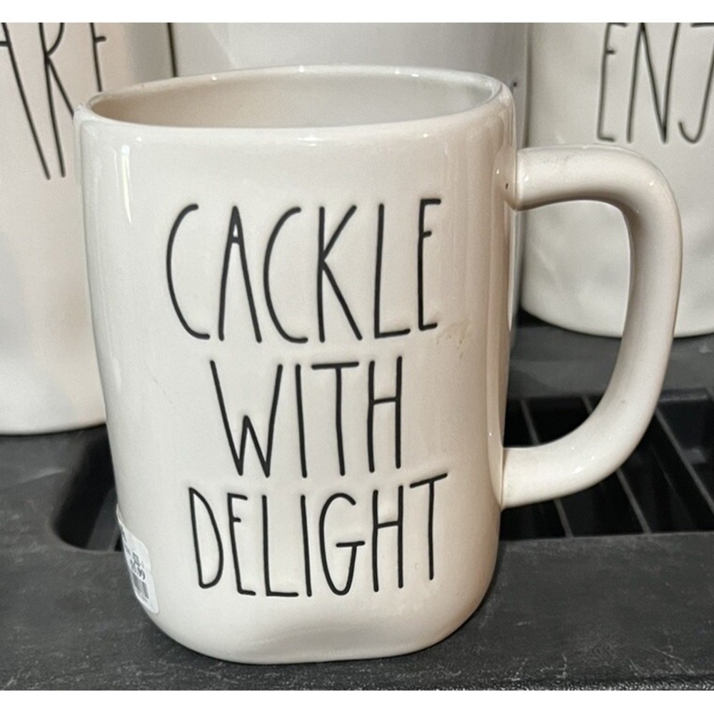 Rae Dunn Halloween CACKLE WITH DELIGHT Double Sided Coffee Mug with Witch Hat *